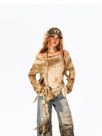 Arielink Distressed Asymmetric One Shoulder Lace Up Women's Knit Long Sleeve T-shirts