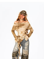 Arielink Distressed Asymmetric One Shoulder Lace Up Women's Knit Long Sleeve T-shirts