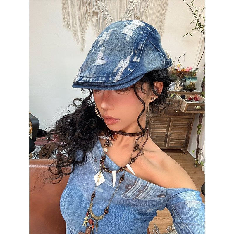 Arielink Distressed Denim Vintage Large Brim Women's Cotton Bucket Hats 785981888012