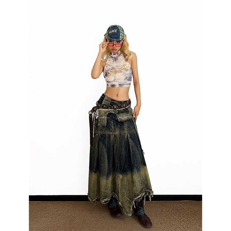 Arielink Distressed Frayed Hem High Waist Asymmetric A Line Women's Denim Maxi Skirts 769020769427