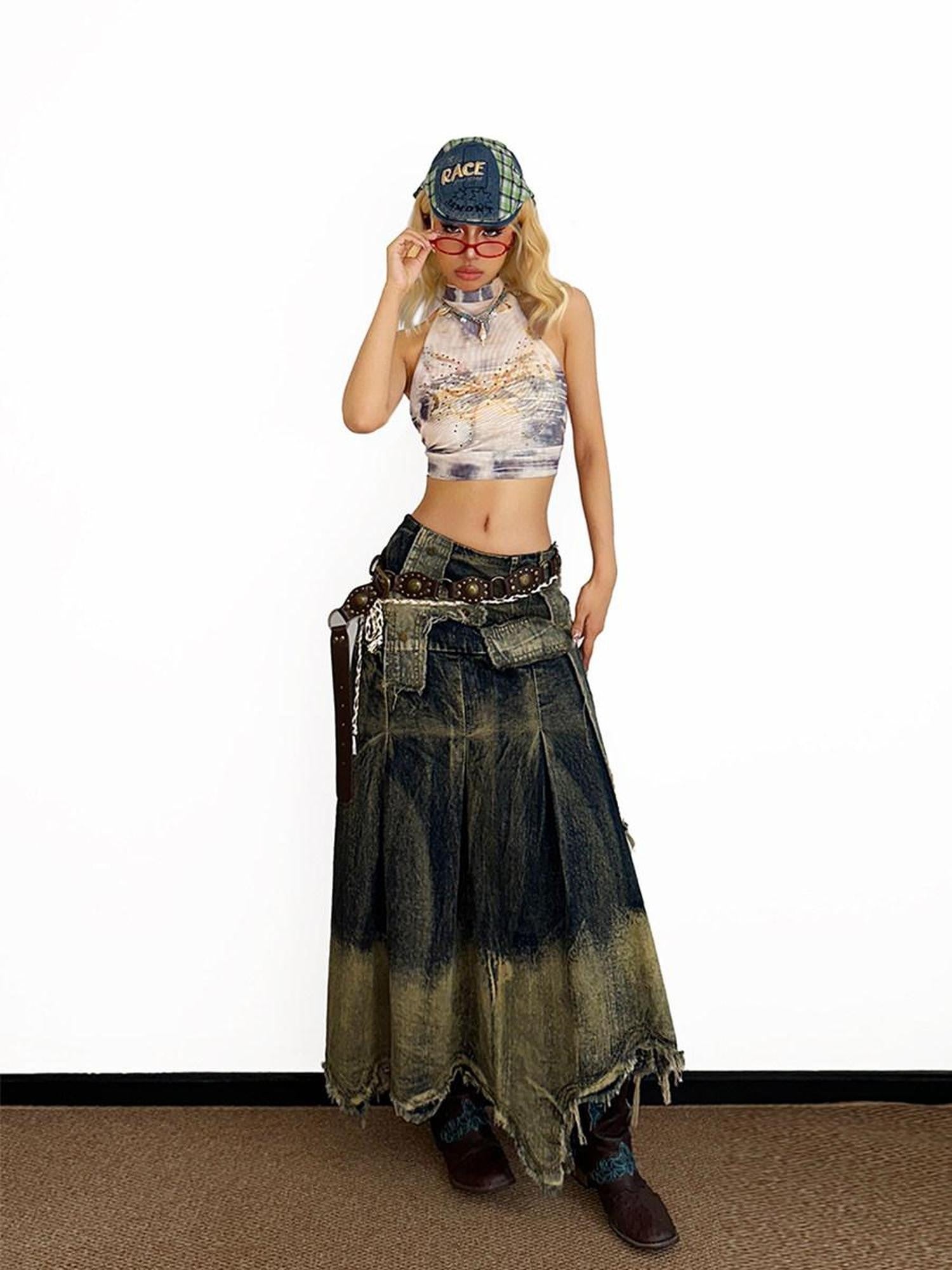 Arielink Distressed Frayed Hem High Waist Asymmetric A Line Women's Denim Maxi Skirts