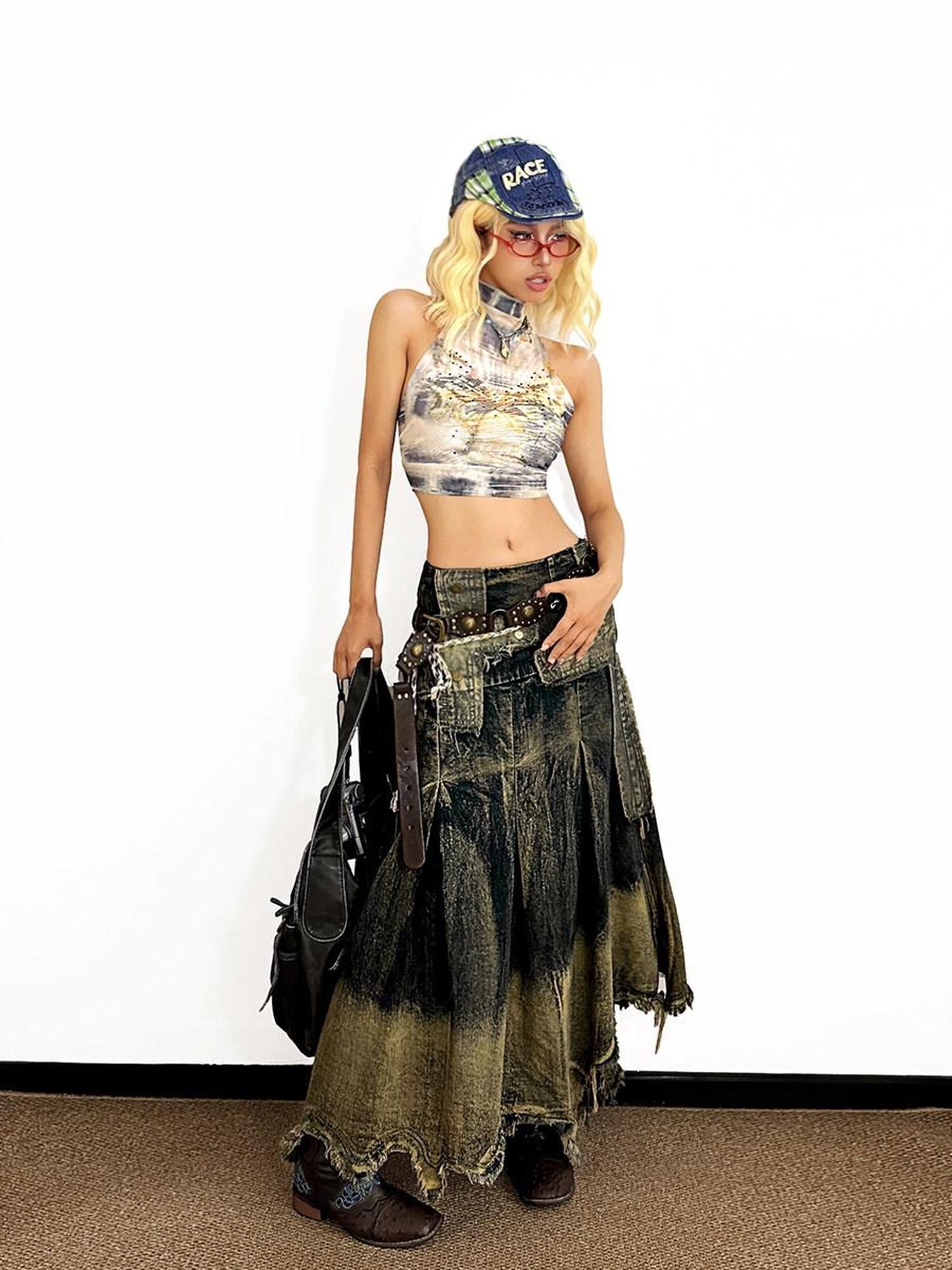 Arielink Distressed Frayed Hem High Waist Asymmetric A Line Women's Denim Maxi Skirts