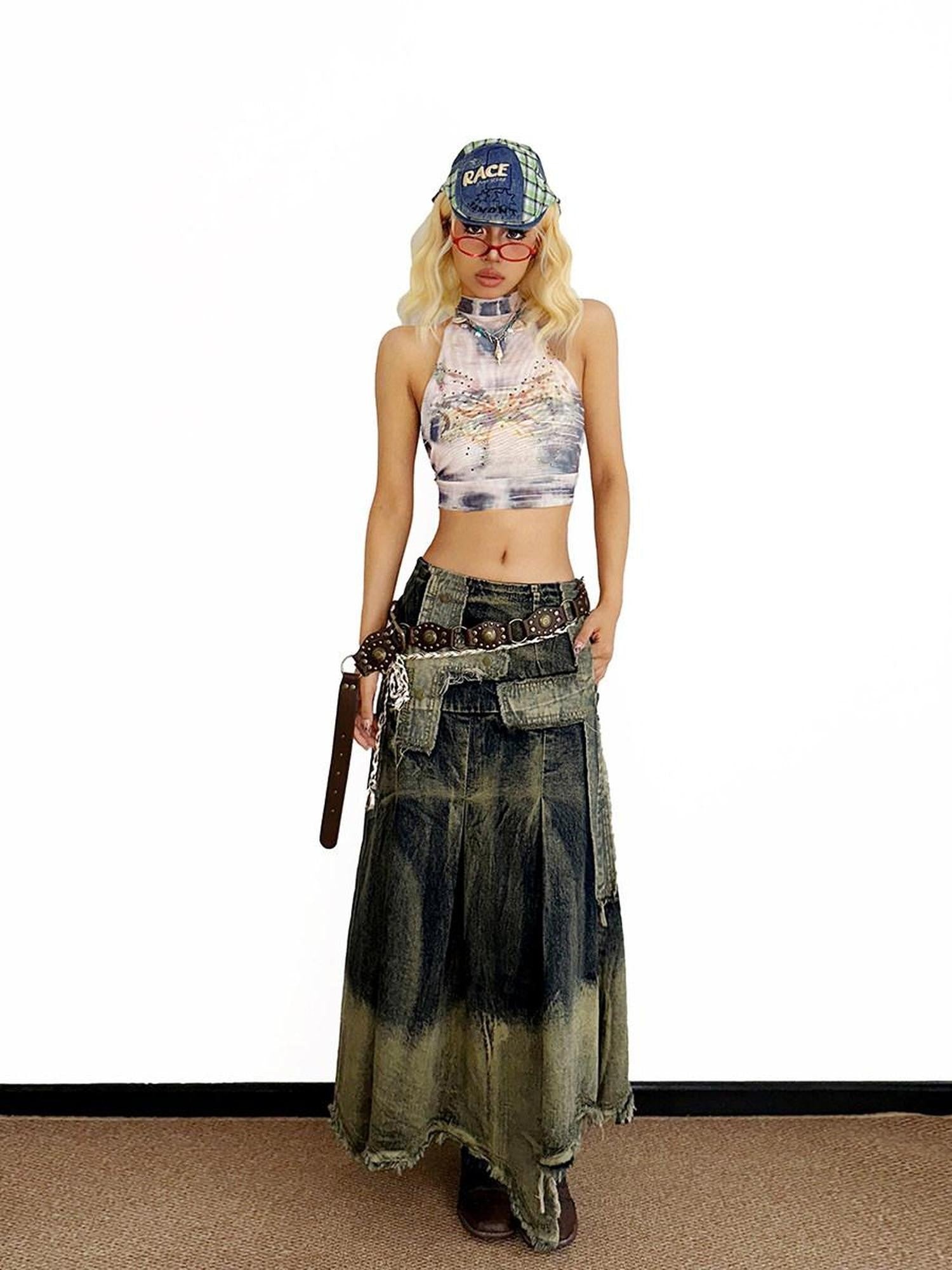 Arielink Distressed Frayed Hem High Waist Asymmetric A Line Women's Denim Maxi Skirts
