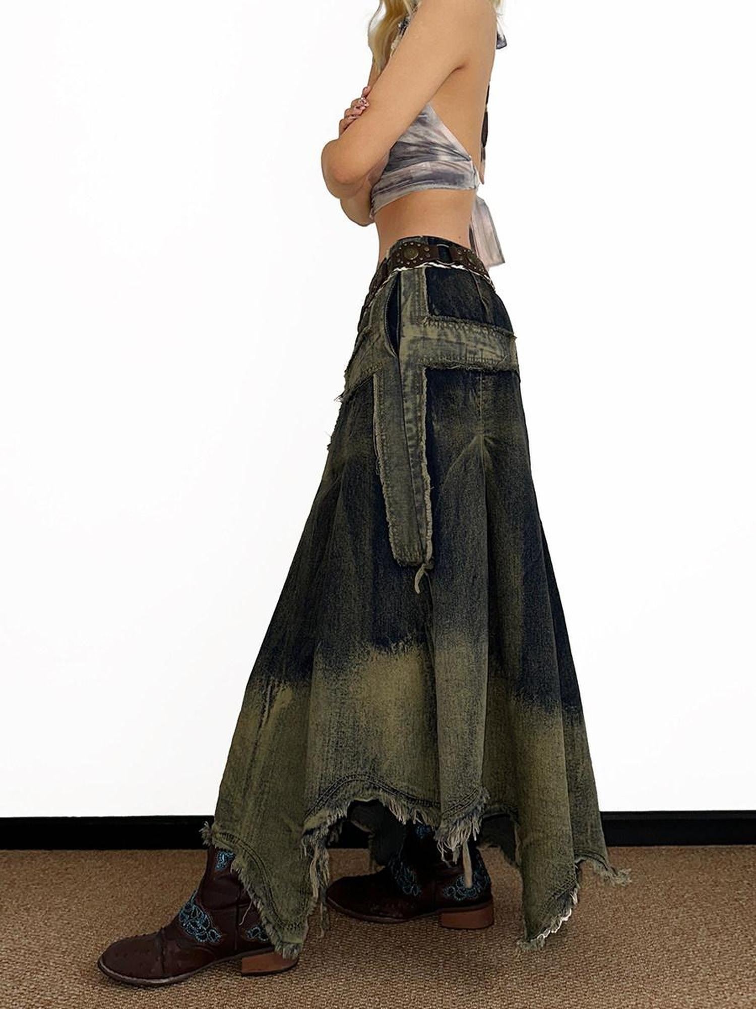 Arielink Distressed Frayed Hem High Waist Asymmetric A Line Women's Denim Maxi Skirts