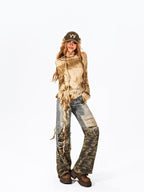 Arielink Distressed Irregular Asymmetrical Tie Women's Knit Long Sleeve T-shirts