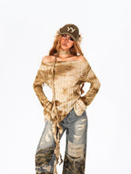 Arielink Distressed Irregular Asymmetrical Tie Women's Knit Long Sleeve T-shirts
