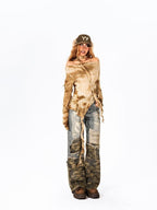 Arielink Distressed Irregular Asymmetrical Tie Women's Knit Long Sleeve T-shirts