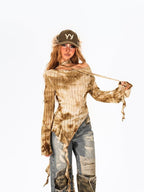Arielink Distressed Irregular Asymmetrical Tie Women's Knit Long Sleeve T-shirts