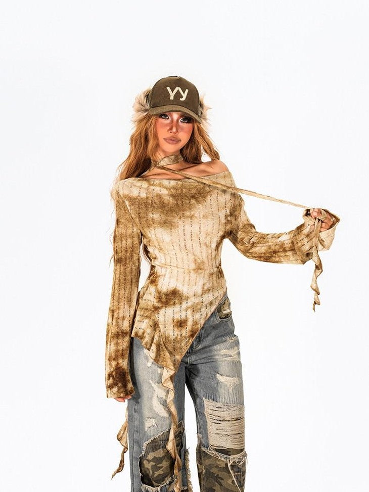 Arielink Distressed Irregular Asymmetrical Tie Women's Knit Long Sleeve T-shirts