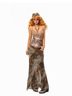 Arielink Distressed Ombre Tassel Ruffle Mermaid Low Waist Elastic Women's Maxi Skirts