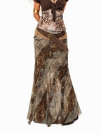 Arielink Distressed Ombre Tassel Ruffle Mermaid Low Waist Elastic Women's Maxi Skirts