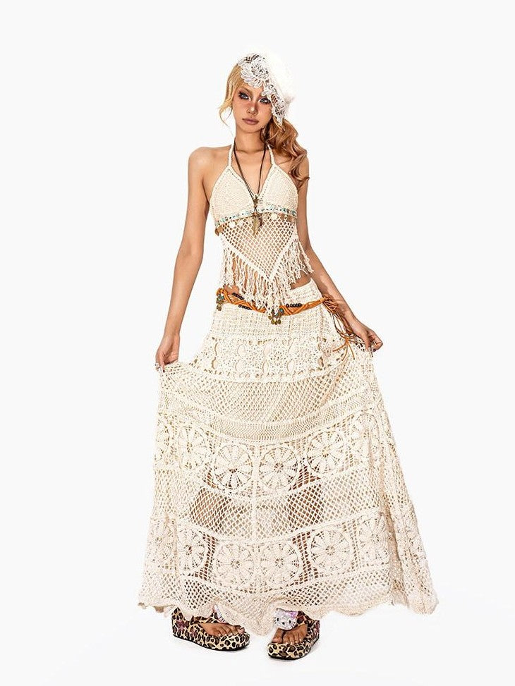 Arielink Distressed Patchwork Asymmetric Backless Halter Women's Off White Crop Camisoles