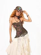 Arielink Distressed Patchwork Asymmetric Ruffle Fringe Women's Other Fabric Maxi Skirts