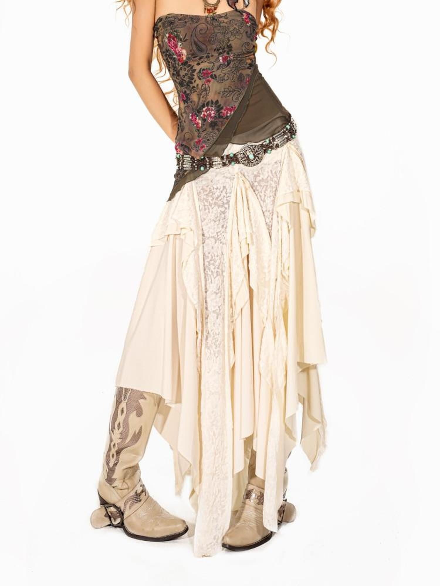 Arielink Distressed Patchwork Asymmetric Ruffle Fringe Women's Other Fabric Maxi Skirts