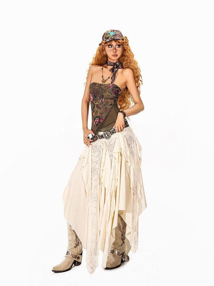 Arielink Distressed Patchwork Asymmetric Ruffle Fringe Women's Other Fabric Maxi Skirts