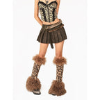 Arielink Distressed Patchwork Pleated A Line Mid Waist Women's Coffee Brown Mini Skirts 868408624565