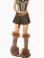 Arielink Distressed Patchwork Pleated A Line Mid Waist Women's Coffee Brown Mini Skirts