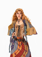 Arielink Distressed Patchwork Print Tie Front Cropped Open Cardigan Women's Shirts