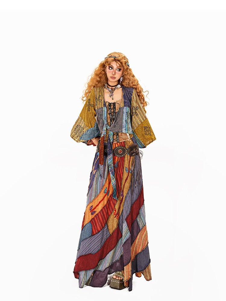 Arielink Distressed Patchwork Print Tie Front Cropped Open Cardigan Women's Shirts
