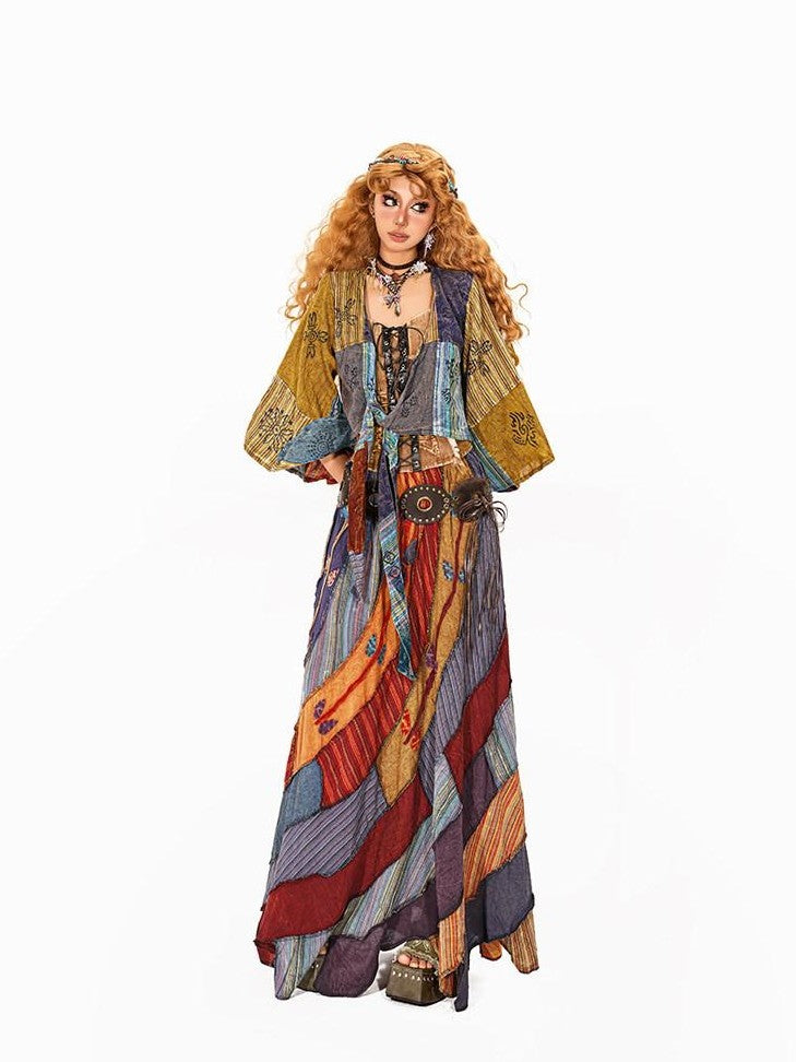 Arielink Distressed Tie Print Patchwork Irregular Open Front Women's Shirts