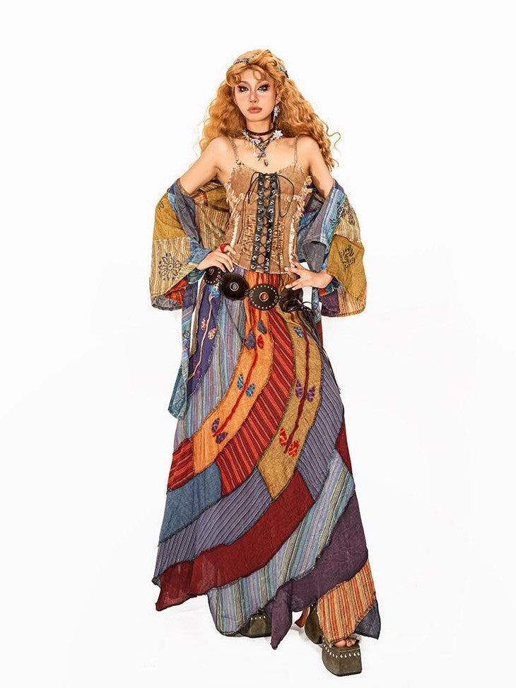 Arielink Distressed Tie Print Patchwork Irregular Open Front Women's Shirts