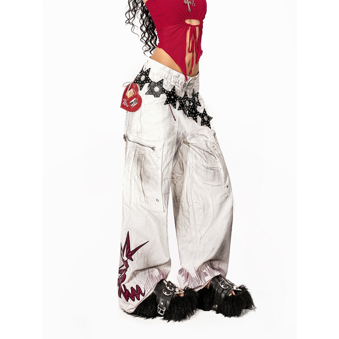 Arielink Distressed Washed Printed Cargo Women's White Denim Wide-leg Jeans 924331409476