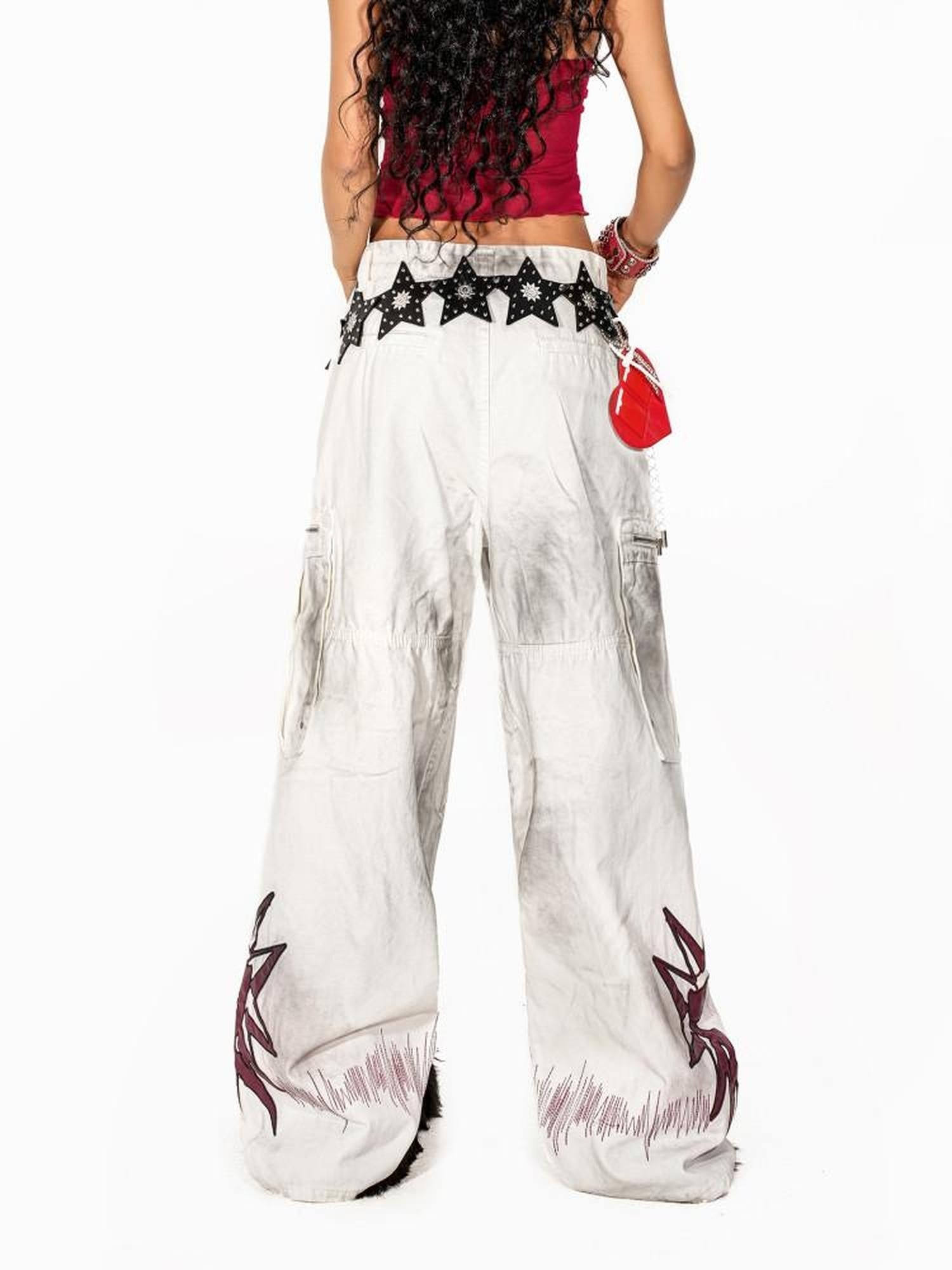 Arielink Distressed Washed Printed Cargo Women's White Denim Wide-leg Jeans