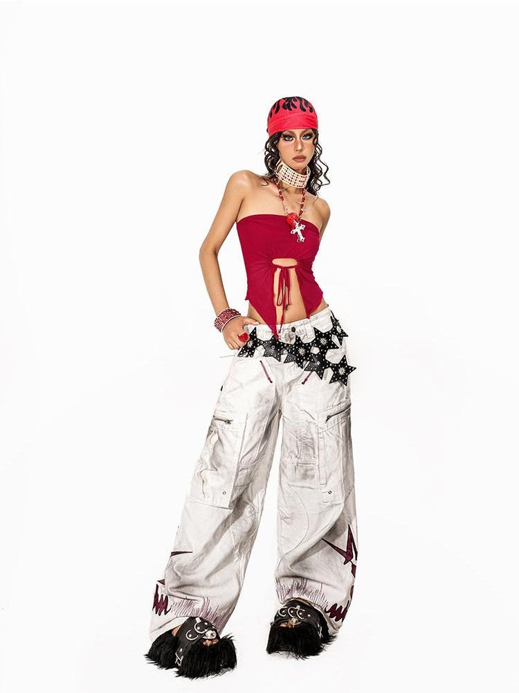 Arielink Distressed Washed Printed Cargo Women's White Denim Wide-leg Jeans