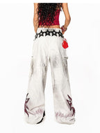 Arielink Distressed Washed Printed Cargo Women's White Denim Wide-leg Jeans