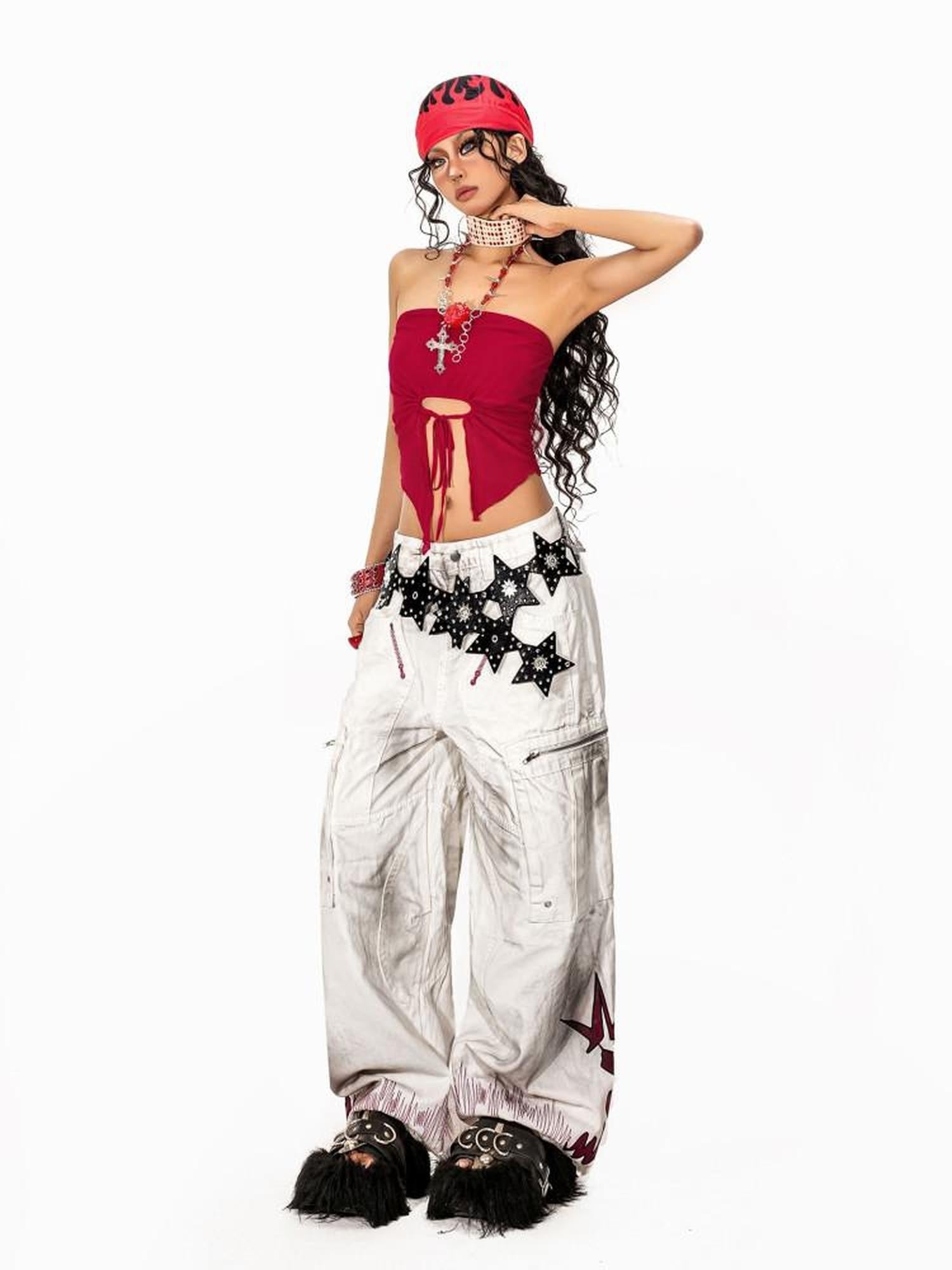 Arielink Distressed Washed Printed Cargo Women's White Denim Wide-leg Jeans