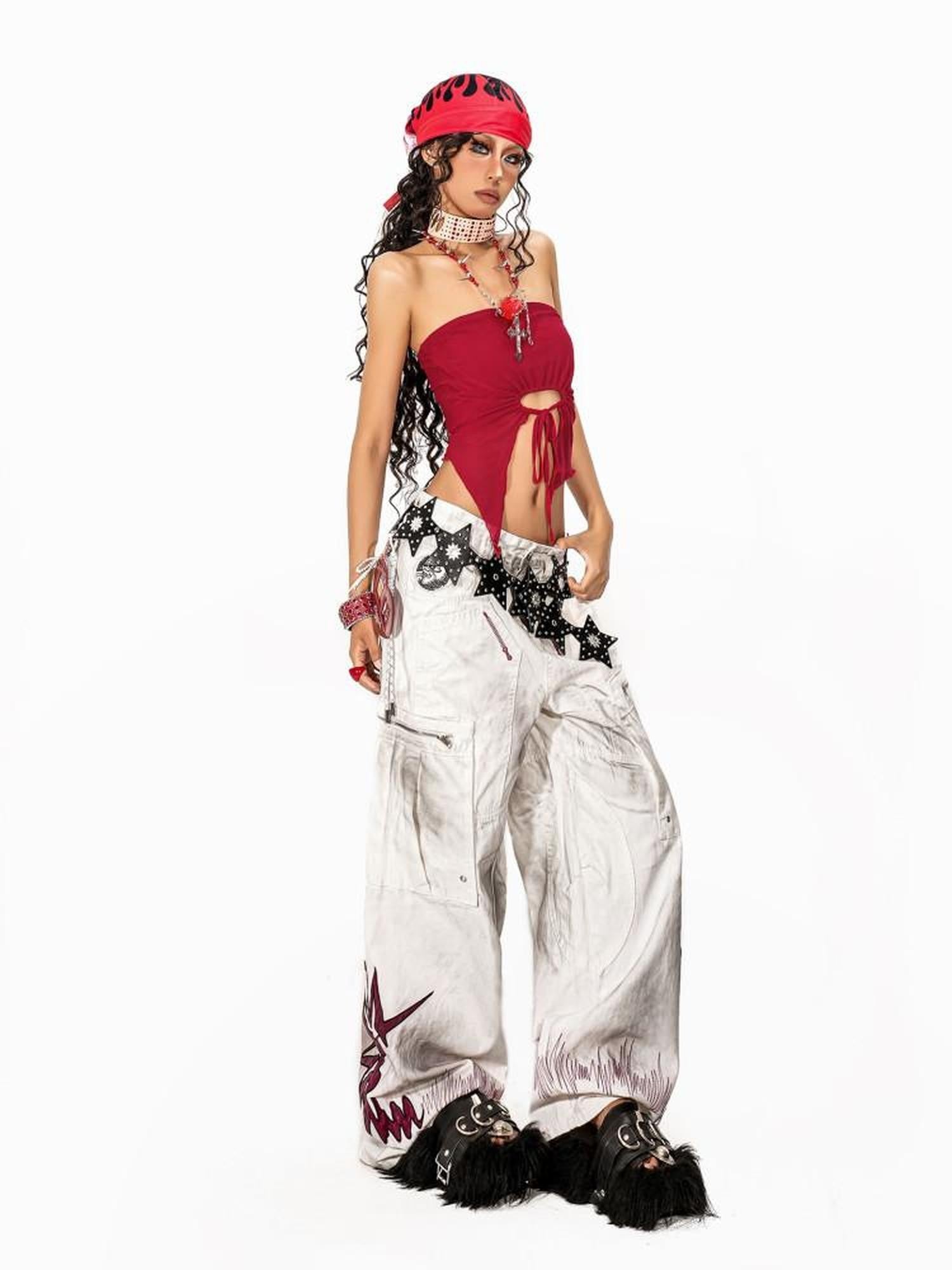 Arielink Distressed Washed Printed Cargo Women's White Denim Wide-leg Jeans