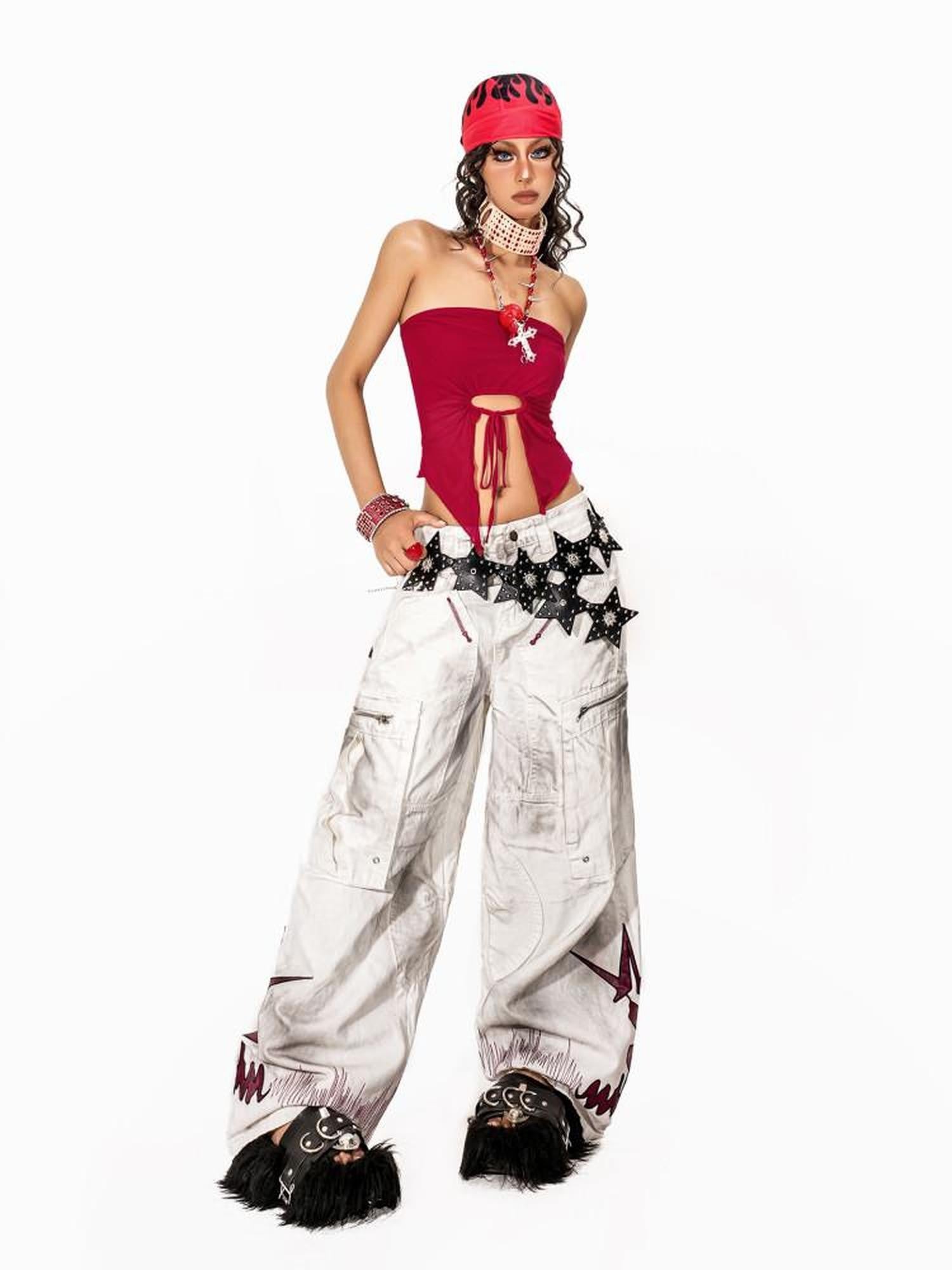 Arielink Distressed Washed Printed Cargo Women's White Denim Wide-leg Jeans