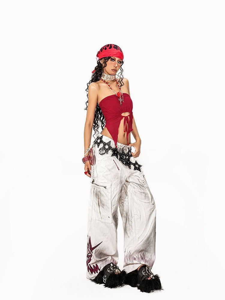 Arielink Distressed Washed Printed Cargo Women's White Denim Wide-leg Jeans