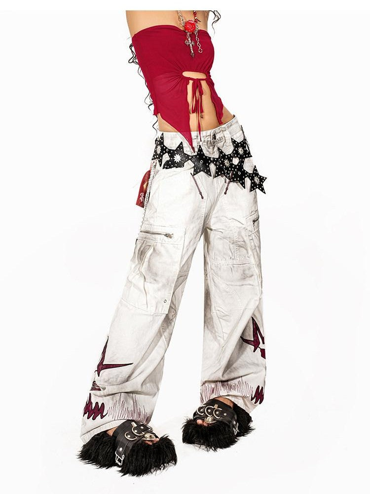 Arielink Distressed Washed Printed Cargo Women's White Denim Wide-leg Jeans