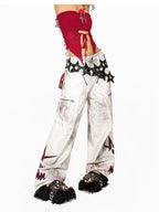 Arielink Distressed Washed Printed Cargo Women's White Denim Wide-leg Jeans