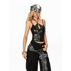 Arielink Edgy Retro Punk Rock Spliced Halter Women's Pu Leather Tank Tops 978785289289
