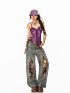 Arielink Exotic Floral Print Tie Back Backless Women's Sheer Mesh Cropped Camisoles