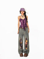Arielink Exotic Floral Print Tie Back Backless Women's Sheer Mesh Cropped Camisoles