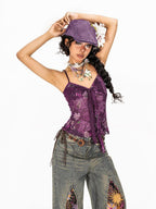 Arielink Exotic Floral Print Tie Back Backless Women's Sheer Mesh Cropped Camisoles