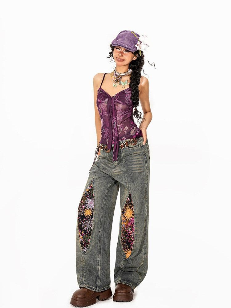 Arielink Exotic Floral Print Tie Back Backless Women's Sheer Mesh Cropped Camisoles
