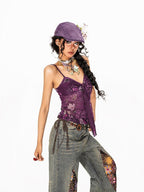Arielink Exotic Floral Print Tie Back Backless Women's Sheer Mesh Cropped Camisoles