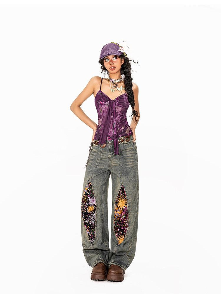 Arielink Exotic Floral Print Tie Back Backless Women's Sheer Mesh Cropped Camisoles