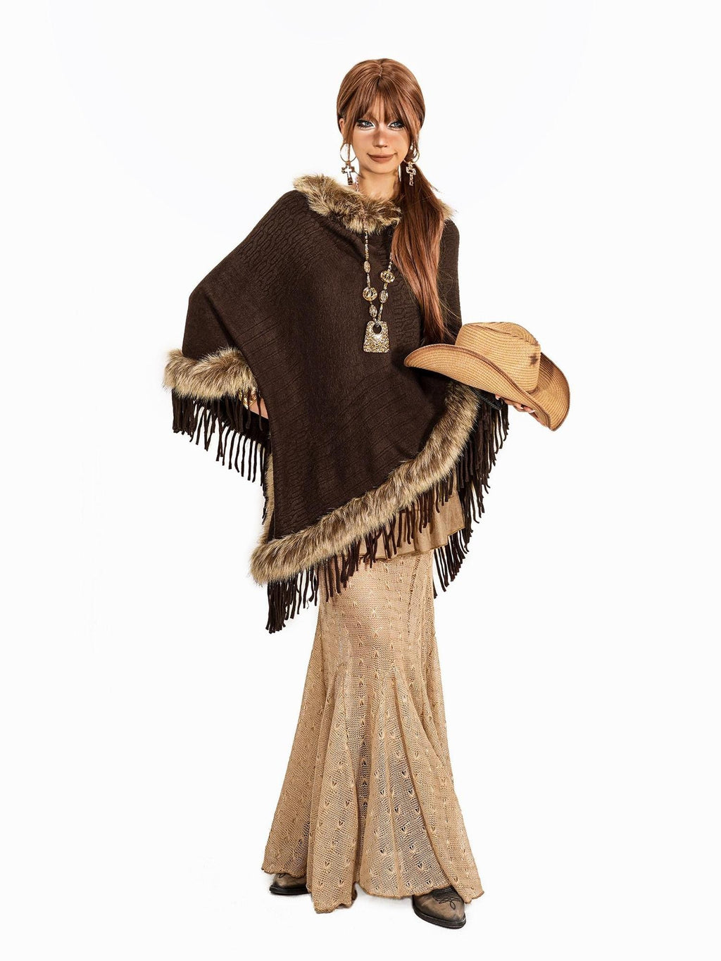 Arielink Faux Fur Collar Asymmetric Fringe Batwing Women's Knit Ponchos
