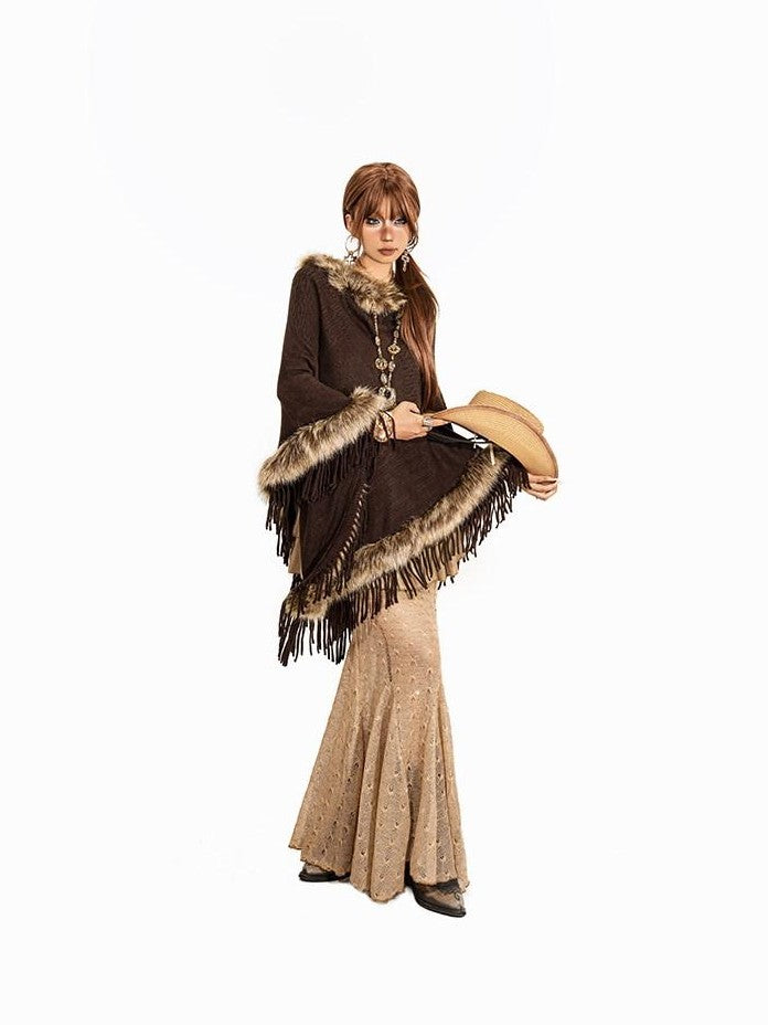 Arielink Faux Fur Collar Asymmetric Fringe Batwing Women's Knit Ponchos