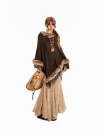 Arielink Faux Fur Collar Asymmetric Fringe Batwing Women's Knit Ponchos