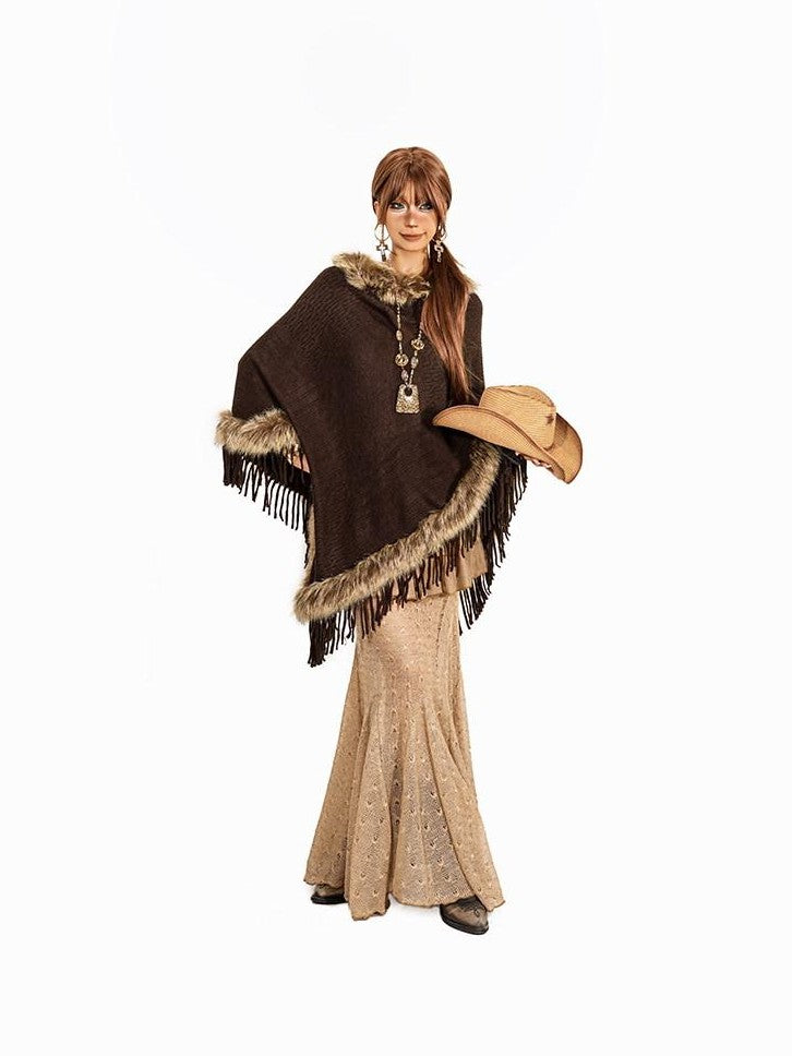Arielink Faux Fur Collar Asymmetric Fringe Batwing Women's Knit Ponchos