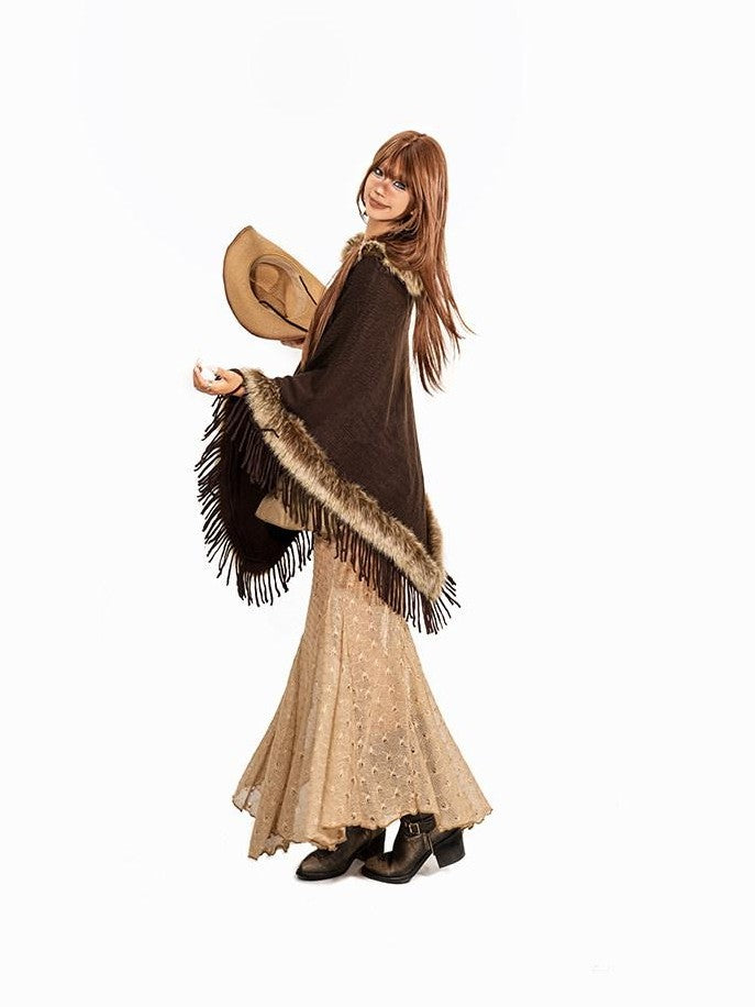 Arielink Faux Fur Collar Asymmetric Fringe Batwing Women's Knit Ponchos