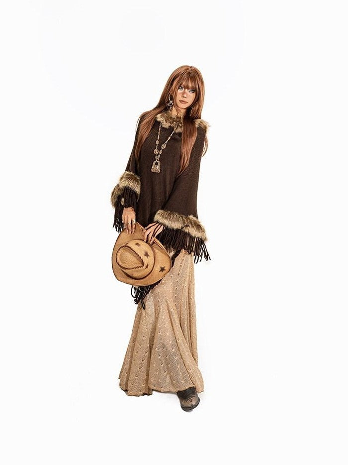 Arielink Faux Fur Collar Asymmetric Fringe Batwing Women's Knit Ponchos