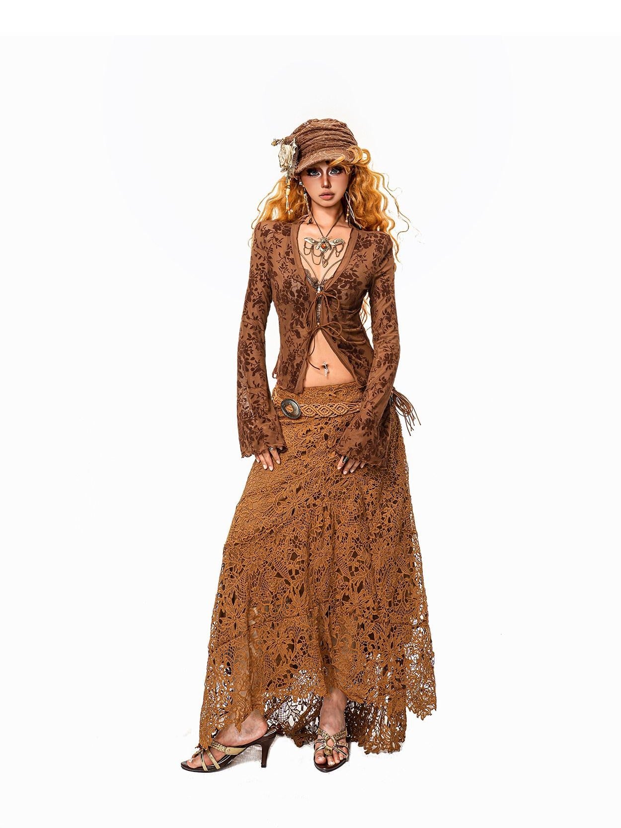 Arielink Floral Print Vintage Bell Sleeve Tie Front Women's Sheer Mesh Cropped Cardigans