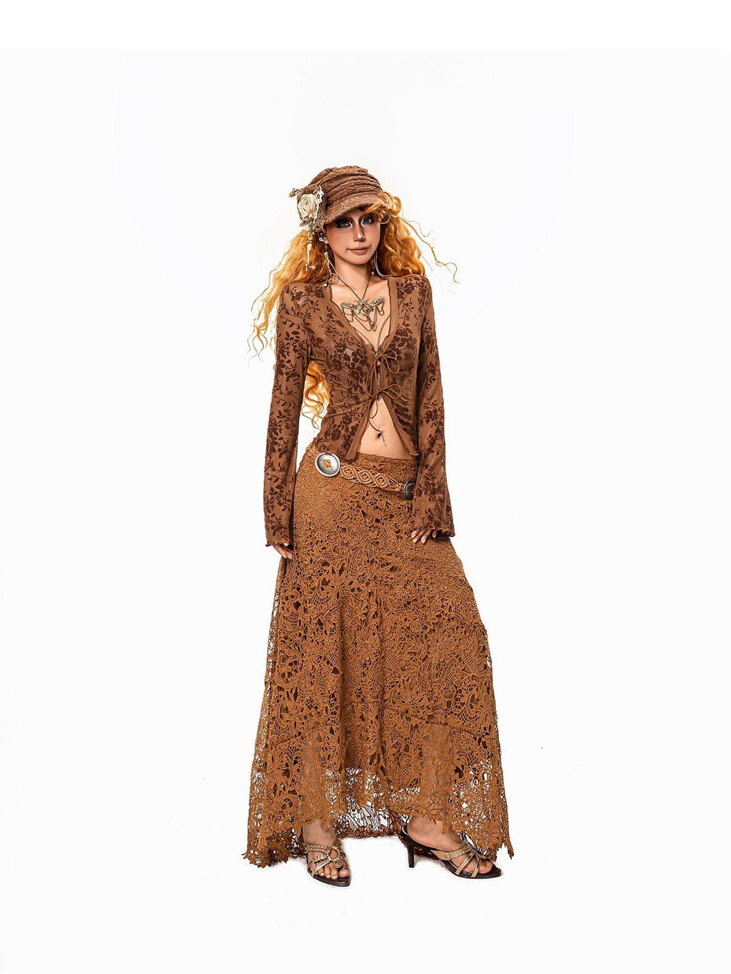 Arielink Floral Print Vintage Bell Sleeve Tie Front Women's Sheer Mesh Cropped Cardigans